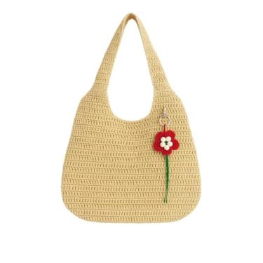 Imagem de Bolsa de ombro de crochê feita à mão com pingente de flor – Bolsa feminina de tecido boho – Bolsa estilo palha natural com chaveiro de flor de crochê vermelho