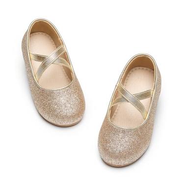 Imagem de Otter MOMO Sapatos infantis para meninas com flores de bailarina sem cadarço para festas escolares, D737 - ouro, 6 Toddler