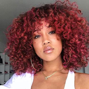 Imagem de YEAME Perucas Afro Curly para Mulheres – Peruca Afro Encaracolada com Franja Cor Borgonha Sintética Cosplay Perucas com 1 pente de peruca e 4 peças de toucas de peruca