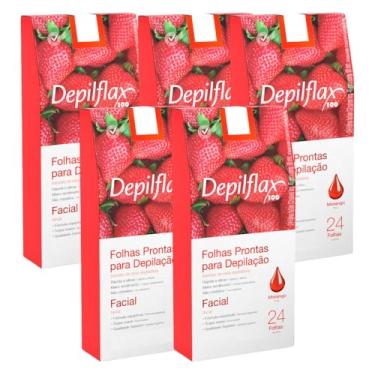 Imagem de Kit 5 Caixas Folhas Prontas Cera Depilatória Depilação Facial Depilflax Morango