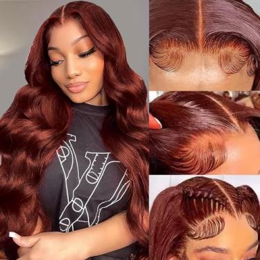 Imagem de SPOU Perucas de cabelo humano marrom avermelhado 33 x 15 cm de densidade 180% ondulado corporal 350# perucas coloridas sem cola cabelo humano 12a HD transparente frontal perucas pré-arrancadas com