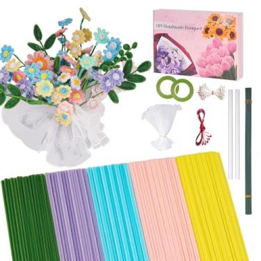Imagem de Kit de limpeza de cachimbo de 500 peças para fabricação de flores, margaridas, kit de material DIY com 20 hastes, 100 estames, fita, tule, bastões de cola e guia passo a passo - cores vibrantes, sem