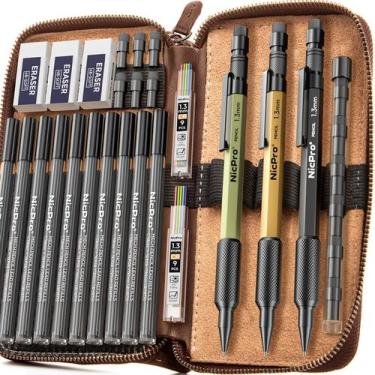 Imagem de Conjunto de lápis mecânicos Nicpro 1,3 mm com bolsa de couro 21 unidad
