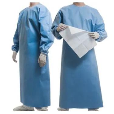 Imagem de Avental Cirúrgico Descartável Estéril, 160x120 cm, Azul, 50g/m², Manga Longa com Punho, com Toalha