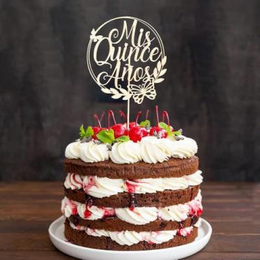 Imagem de Wooden Mis Quince Años Cake Topper, 15th Birthday with Butterfly Design Cake Topper, Hello 15, Happy 15th Birthday Party Decorations