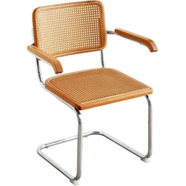 Imagem de Cadeira De Jantar De Meados Do Século Com Encosto De Cana Natural E Base De Aço Inoxidável, Estofada Em Madeira Rattan Cadeira De Cozinha Para Sala De Estar Quarto Sala De Jantar, Natural Color