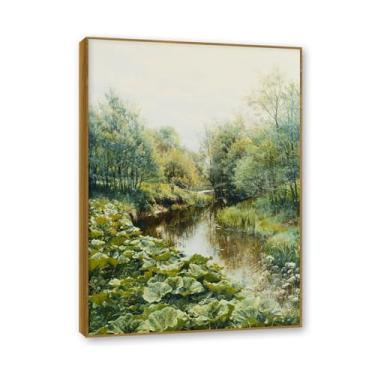 Imagem de Moldura externa de teca. Famosas pinturas a óleo, (Summerday at the Stream) por Peder Mork Monsted, reprodução impressa em tela, arte de cenário para decoração de sala de estar. 50 x 70 cm - 19,6 x