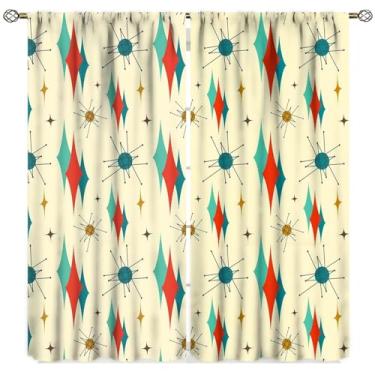 Imagem de Cortinas modernas de meados do século, abstrato atômico starburst geométrico diamante padrão tratamentos de janela para sala de estar quarto, 1950 1960 cortinas decorativas vintage 2 conjuntos de