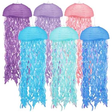 Imagem de Lanternas de papel de água-viva multicoloridas, pacote com 6 - decorações de aniversário de sereia, festa sob o mar, chá de bebê, praia, festa na piscina, sala de aula, decoração temática de quarto