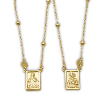 Imagem de Fronay Collection Colar escapulário religioso, medalhões do Sagrado Coração de Jesus e Nossa Senhora do Monte Carmelo, latão laminado a ouro 14k, 66 cm, Medium, Metal, Sem Pedra Preciosa