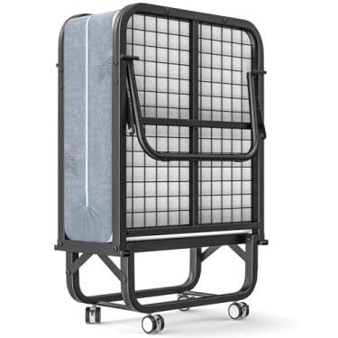 Imagem de suchown Cama dobrável de 190,5 cm x 78,7 cm com colchão, camas de hóspedes portáteis com colchão de espuma viscoelástica de 12,7 cm, cama de solteiro dobrável e resistente com rodas, cama dobrável