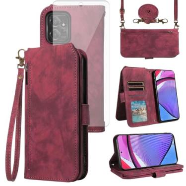 Imagem de Asuwish Capa para celular Motorola Moto G Power 5G 2023 carteira com protetor de tela de vidro temperado alça transversal alça flip zíper suporte para cartão de crédito slot suporte GPower G5 mulheres