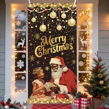 Imagem de Inisajace Capa preta para porta de Natal de Papai Noel – Decorações de Natal afro-americanas, placa grande de cobertura de porta da frente, decoração preta para escritório em casa, 9,5 x 1,5 m
