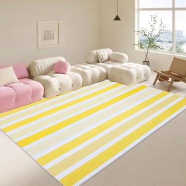 Imagem de Lacomfy Tapete listrado amarelo para sala de estar, antiderrapante, arco-íris, listrado, decoração de casa, tapete lavável, abstrato, macio para quarto, berçário, sala de jogos, amarelo