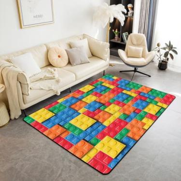 Imagem de Tapete de área de construção, 3 x 5, tapete 3D, blocos de montar, para sala de estar, crianças, meninos, tijolos, gradiente, arco-íris, lavável, amarelo, verde, azul, laranja, vermelho, tapete interno