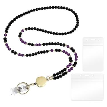 Imagem de GSHLLO Cordão retrátil com contas de cristal e contas de pedra natural, porta-cartão de identificação, colar fofo com etiqueta de nome, alça de pescoço com 2 peças de crachá, preto e roxo