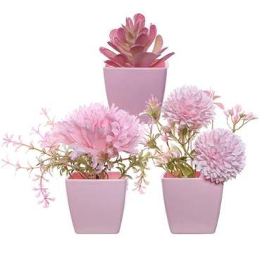 Imagem de Euniah Pacote com 3 pequenos vasos de flores falsas em vasos de plantas, mini cubo branco, decoração de vegetação para decoração de interiores, janela, mesa, escritório, colorido (A)