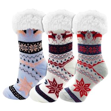 Imagem de Meias térmicas felpudas Sherpa, 3 pares para mulheres, ultramacias para o inverno, antiderrapante, Fair Isle D, 9-11