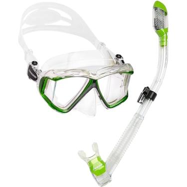Imagem de Kit de máscara panorâmica e snorkel seco Cressi para snorkeling, mergulho | Pano 4 e supernova seco: projetado na Itália, Clear/Lime