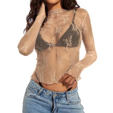 Imagem de Blusa floral transparente de manga comprida para mulher Top RONGCAT