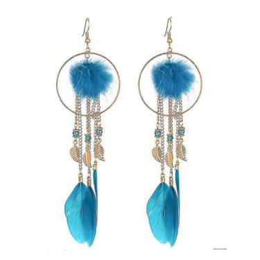 Imagem de Brincos brincos longos bola de pele 3d franja de penas liga azul opala