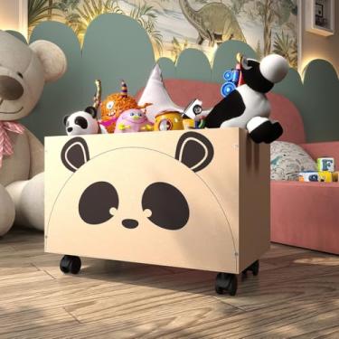 Imagem de Caixa Organizadora Infantil Multiuso Para Brinquedos Baú De Madeira Com Rodinhas Caixote De Madeira(Urso Panda)
