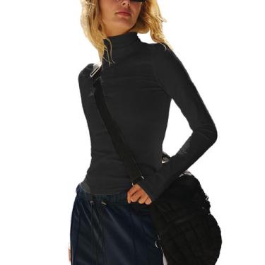 Imagem de Camisa feminina Tiko Miko, manga comprida, gola alta, preta