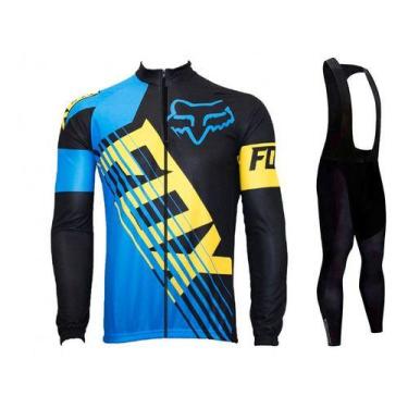 Imagem de Kit Bretelle Gel Camisa Longa Ciclismo Fox Azul Dryfit Uv - Decole, Pr