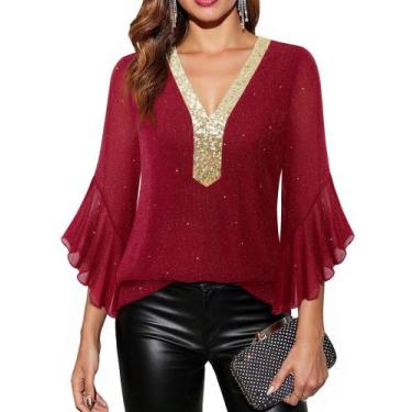 Imagem de Camisa Timeson Sequin Holiday de manga 3/4 vermelha M