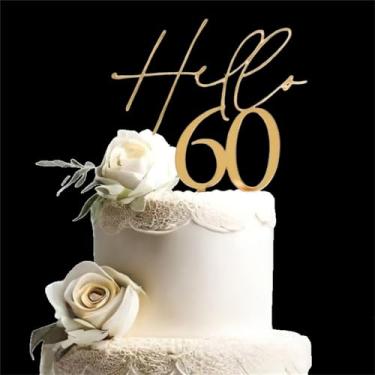 Imagem de LZGXZF Topo de bolo acrílico Hello 60 Topper Happy Birthday Toppers Golden Mirror Toppers de bolo de aniversário de 30 anos para homens e mulheres lembrancinhas de festa de aniversário de casamento