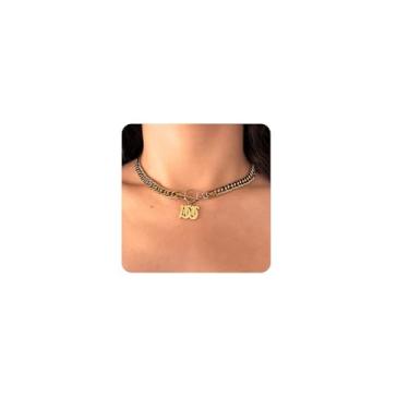 Imagem de ADEMISHIA Colar feminino com inicial inglesa antiga em ouro 18 K, delicado pingente A-Z com corrente cubana de aço inoxidável, gargantilha grossa, colar gargantilha para presente de Halloween e Natal
