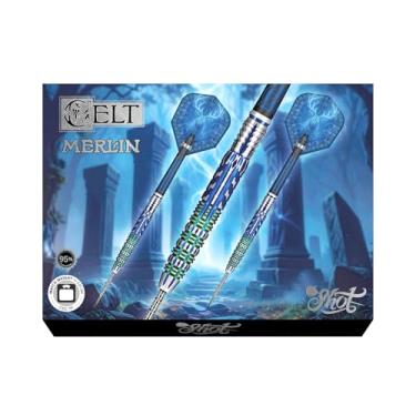 Imagem de Conjunto de dardos de ponta de aço Celt Merlin - Conjunto de dardos profissional feito à mão com 95% de barris de tungstênio e voos feitos na Nova Zelândia, dardos de ponta de aço para alvo de cerdas