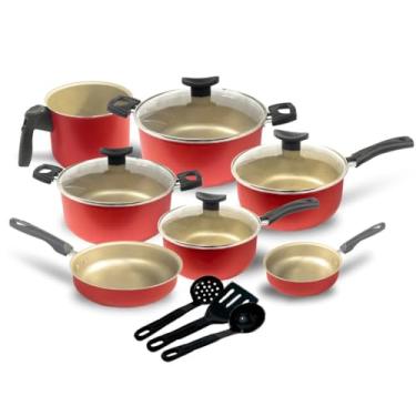 Imagem de Conjunto de 10 peças de panelas antiaderentes com tampas de vidro, com revestimento de pedra durável para uma cozinha saudável e limpeza fácil (Cereja)