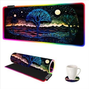 Imagem de ARTSO Mouse pad RGB extra grande para jogos com 14 modos de luz, mousepad de LED macio estendido, base de borracha antiderrapante, tapete de teclado de computador (90 x 40 cm), árvore misteriosa