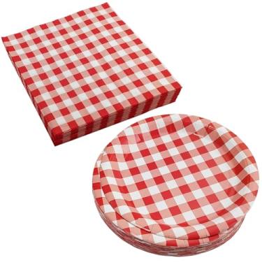 Imagem de EaciTown Pratos e guardanapos de papel Ginham vermelho Ginham Recipientes de comida de Natal servem 20 pratos xadrez vermelho e branco para festa de aniversário chá de bebê