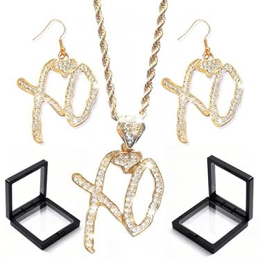 Imagem de Frstem Conjunto de brincos de colar Hip Hop XO para mulheres XO Letter Pendant Necklace Xo Brincos pendentes Iced Out Letter Jewelry Christmas Statement Rock Gift Acessórios modernos, Unisex Fit, Liga