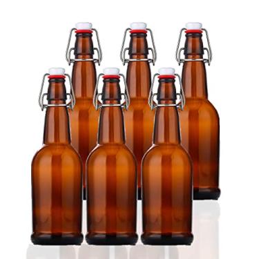 Imagem de Garrafas de cerveja SureSave com tampa flip fácil | Conjunto de garrafas de vidro âmbar de 473 ml com tampa hermética para kombucha, bebidas carbonatadas, preparação e fermentação (pacote com 6)