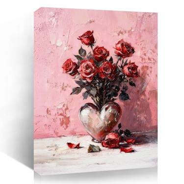 Imagem de Arte de parede em tela floral vintage rosa vermelha, impressão botânica para estética de quarto vermelho, presente romântico de dia dos namorados para ela, decoração de quarto e sala de estar