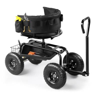 Imagem de Outvita Carrinho de jardim, scooter de jardim para uso externo com assento giratório ajustável de 360 graus, alça extensível, bandeja de ferramentas e cesta de armazenamento, banco de jardinagem para
