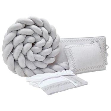 Imagem de Kit Berço Trança Linho Com Bordado Delicado, 100% Algodão - 6 Peças - 