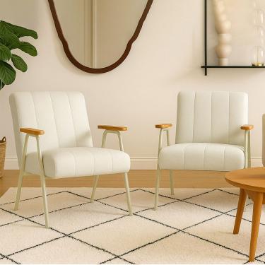 Imagem de Poltrona Sala Decorativa Industrial Preto Kit 2 Laurita Linho Bege K01 - D'rossi