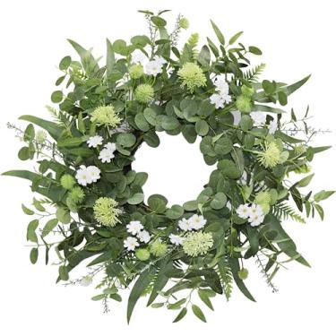 Imagem de BINFEN Guirlanda de eucalipto verde de 56 a 61 cm para porta da frente com flores brancas – decoração de casa de fazenda realista para primavera, verão, outono e inverno para varanda, janela, parede e