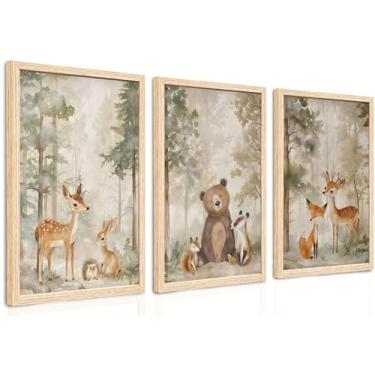 Imagem de ICHZUMW Conjunto de 3 arte de parede para decoração de berçário da floresta, lindas impressões em tela animal urso raposa veado, pinturas em aquarela de natureza, quarto de bebê, sala de jogos, arte