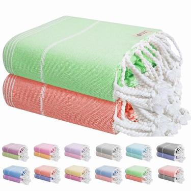 Imagem de HEIRLOOM COMFORT Pacote com 2 toalhas de praia turcas, grandes 102 x 180 cm, secagem rápida, sem areia, leve, absorvente, 100% algodão, piscina, viagem, lavável na máquina - verde e laranja