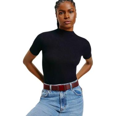 Imagem de Blusa Feminina Hering Manga Curta Gola Alta Em Malha Canelada, M, Pret