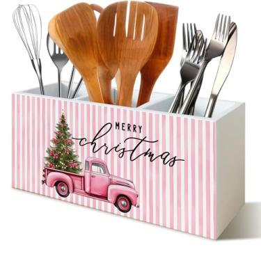 Imagem de YTRGI Porta-lápis rosa rosa para caminhonete de árvore de Natal para mesa, decoração de Natal rosa, placa de bloco de caixa de madeira para meninas universitárias, decoração de mesa