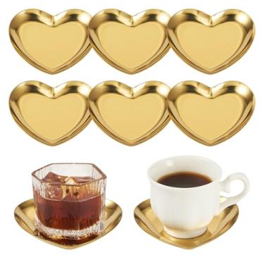 Imagem de Handship Conjunto de 6 porta-copos de coração dourado com suporte, porta-copos de aço inoxidável, tapetes de copo de metal antiderrapantes para mesa de café, bar, bebidas, decoração de cozinha