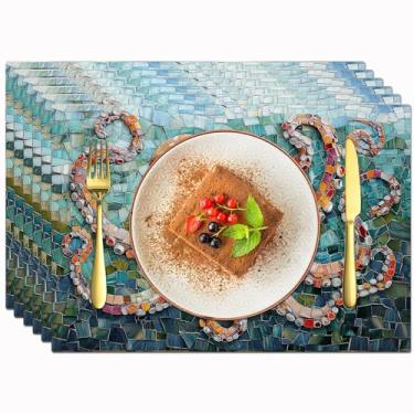 Imagem de Jogo americano de polvo, conjunto de 6 tapetes rústicos de polvo com tema oceano, impressão frente e verso, tapetes para cozinha, sala de jantar, restaurantes, decoração, imitação de linho, 30 x 45 cm