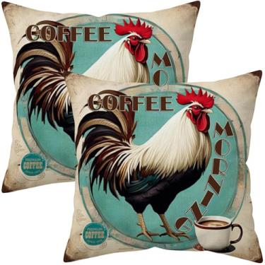 Imagem de Farmhouse Rooster Coffee Capas de almofada 45 x 45 cm, conjunto de 2 capas de almofada vintage para café da manhã, fronhas decorativas impressas de dupla face para sofá-cama