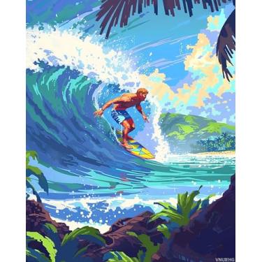 Imagem de VNUIEHG Kits de pintura por números para entusiastas do surfe para adultos em tela, linda ilha faça você mesmo, pintura artesanal por números, arte acrílica, imagem costeira, decoração de quarto